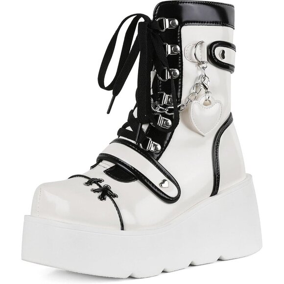 ✨Women's White Wedge High Heel Booties Goth Round Toe Combat Heart Chain Boots - Picture 1 of 6